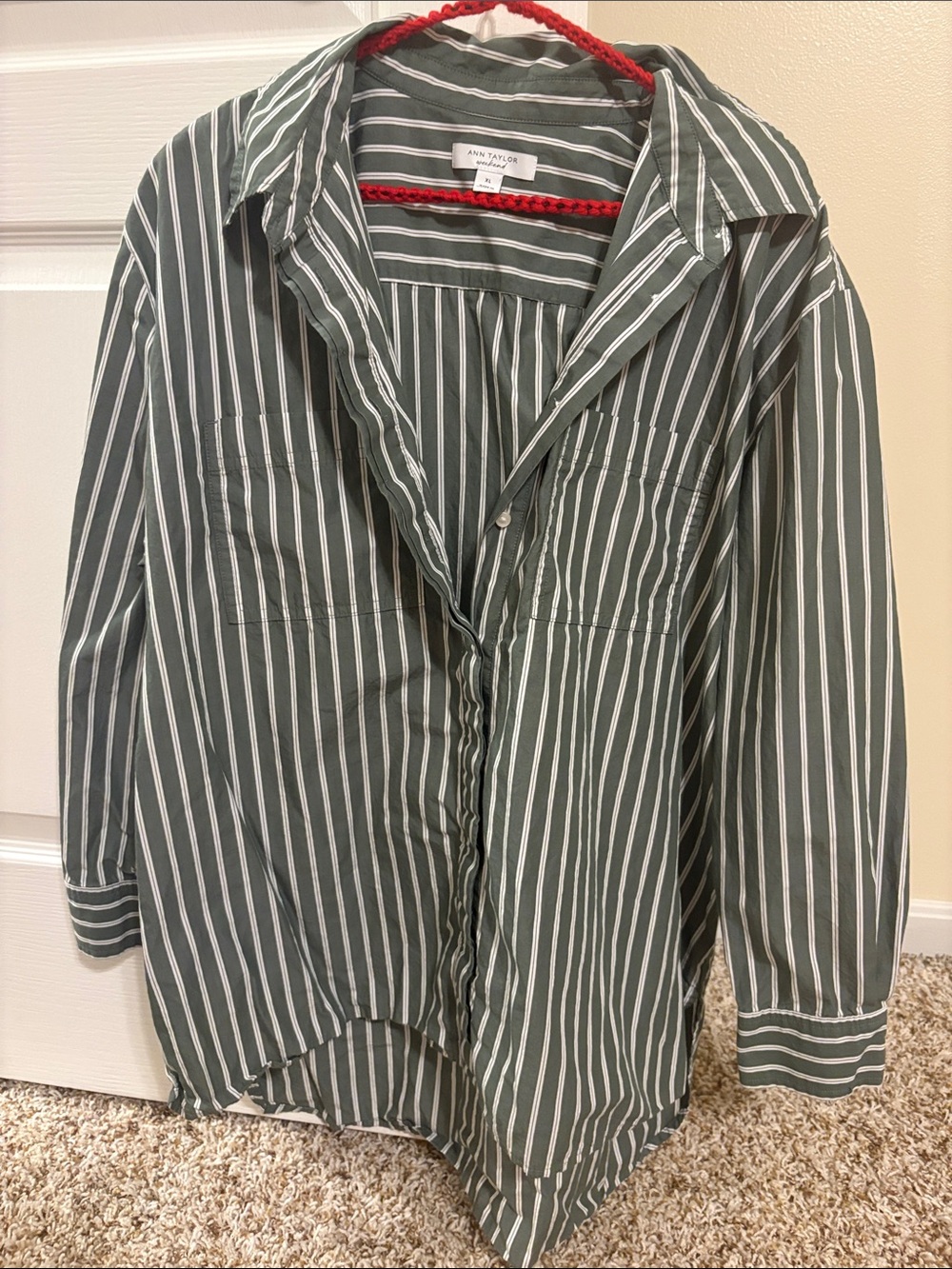 Ann Taylor Olive Green and White Striped Button-Up Shirt